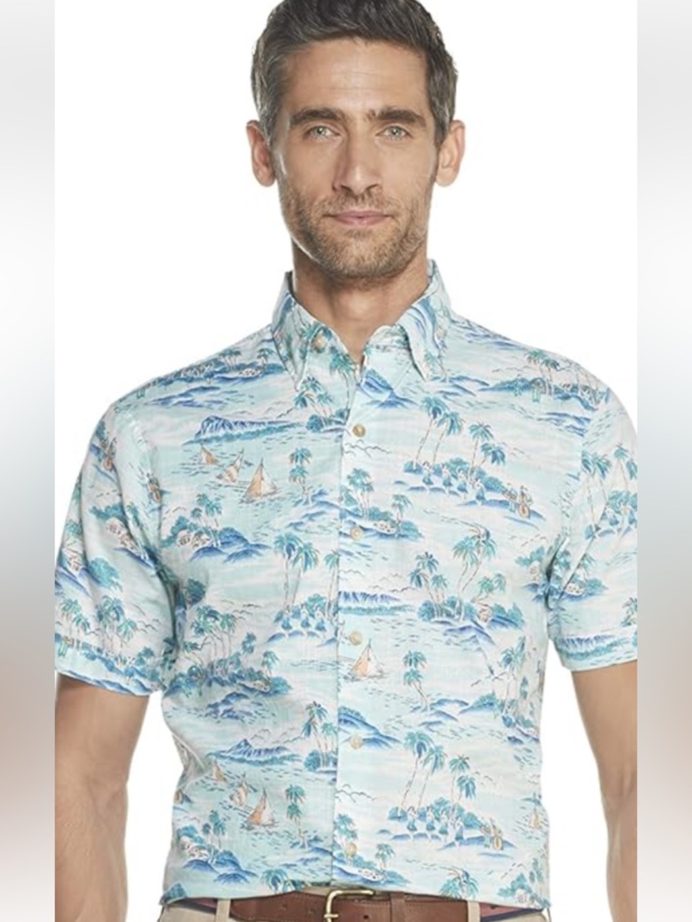 Izod Men's Light Blue Tropical-Print Short-Sleeve Button-Down Shirt Size XL